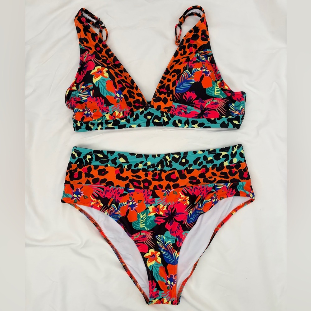 Tropical Floral & Leopard High-Waist Bikini Set - Orange